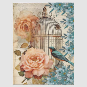 Peach and Teal Floral Bird Cage Decoupage  Tissue Paper