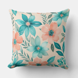 Peach and Teal Whimsical Floral Throw Pillow