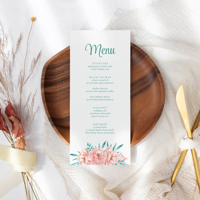 Peach and Turquoise Floral Wedding Menu Card (Peach and Turquoise Floral Wedding Menu Card on a boho wedding table.)