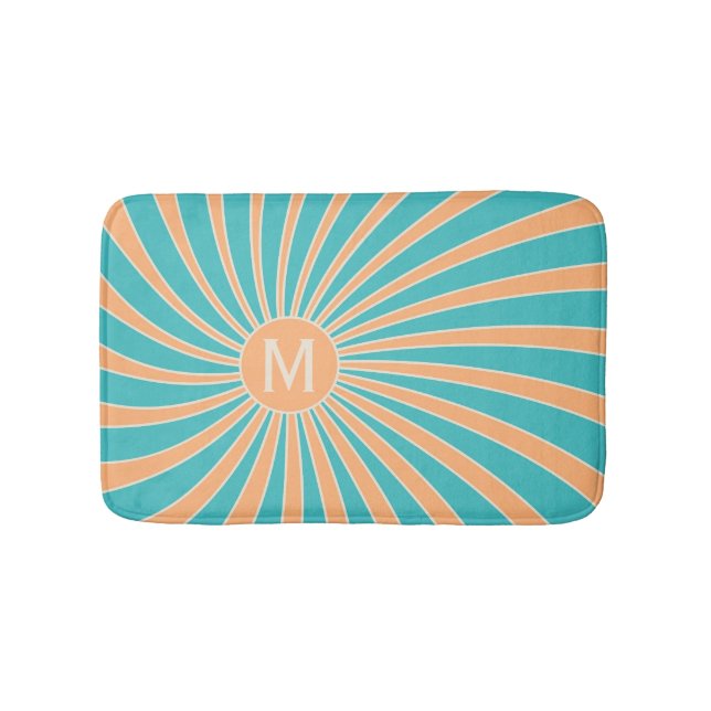 Peach and turquoise retro style sunburst design bath mat (Front)