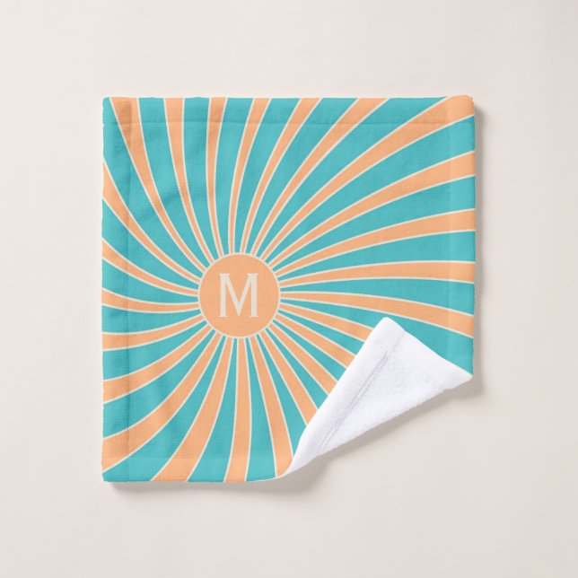 Peach and turquoise retro style sunburst design bath towel set (Wash Cloth)