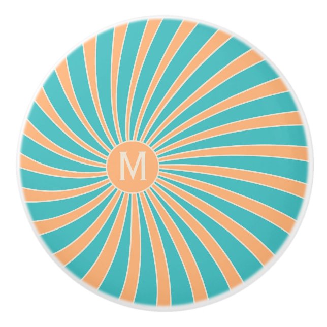 Peach and turquoise retro style sunburst design ceramic knob (Front)