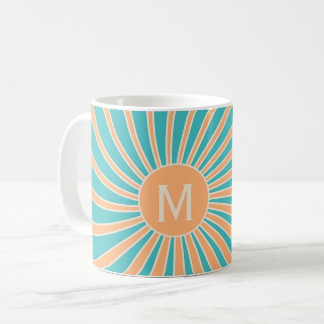 Peach and turquoise retro style sunburst design coffee mug (Front Left)