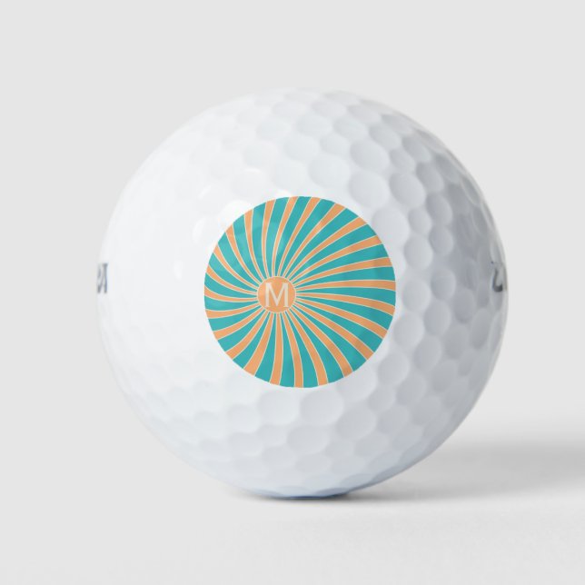 Peach and turquoise retro style sunburst design golf balls (Front)