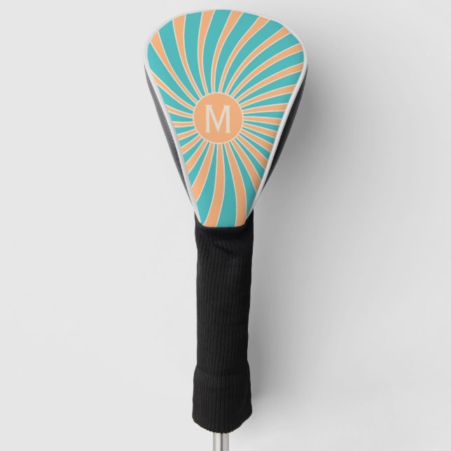 Peach and turquoise retro style sunburst design golf head cover (Front)