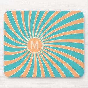 Peach and turquoise retro style sunburst design mouse pad