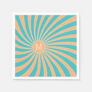 Peach and turquoise retro style sunburst design napkin