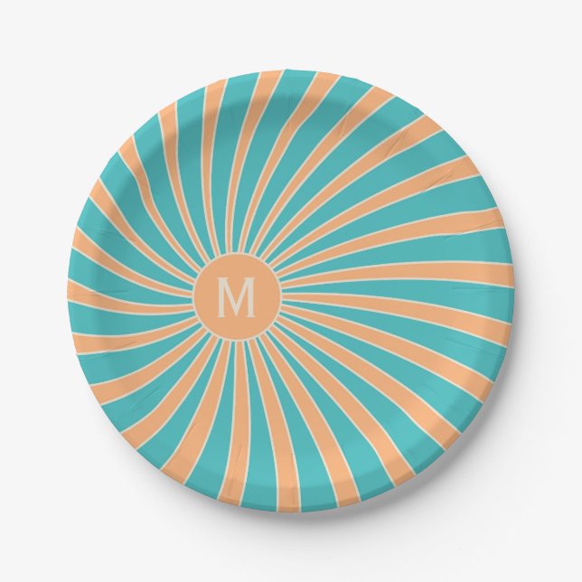 Peach and turquoise retro style sunburst design paper plate (Front)