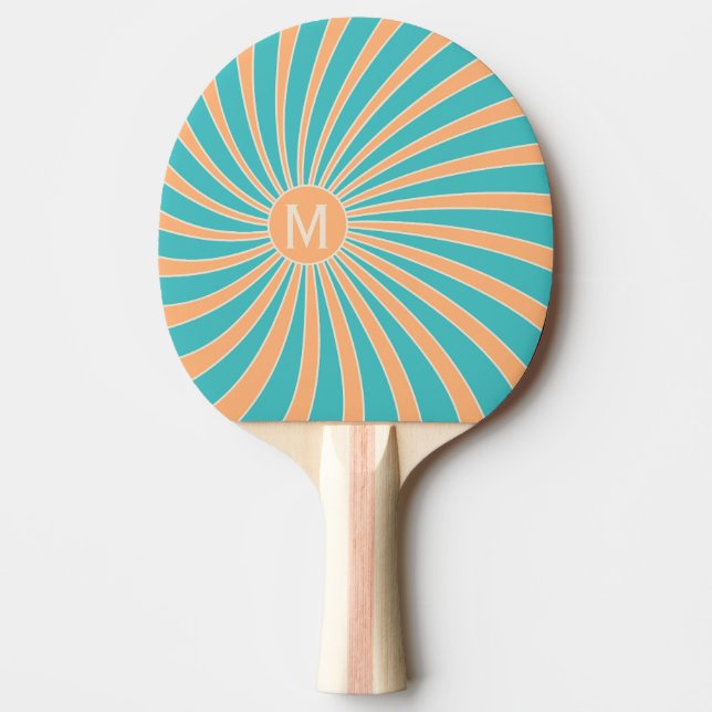 Peach and turquoise retro style sunburst design ping pong paddle (Front)