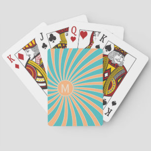 Peach and turquoise retro style sunburst design playing cards