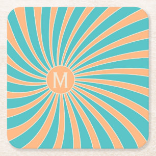 Peach and turquoise retro style sunburst design square paper coaster