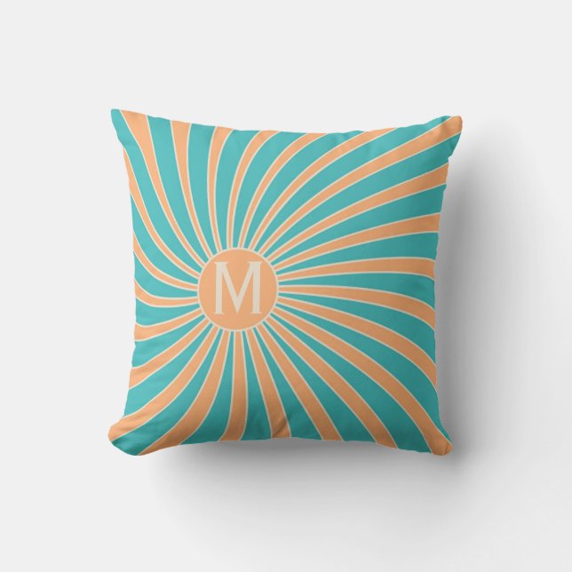 Peach and turquoise retro style sunburst design throw pillow (Front)