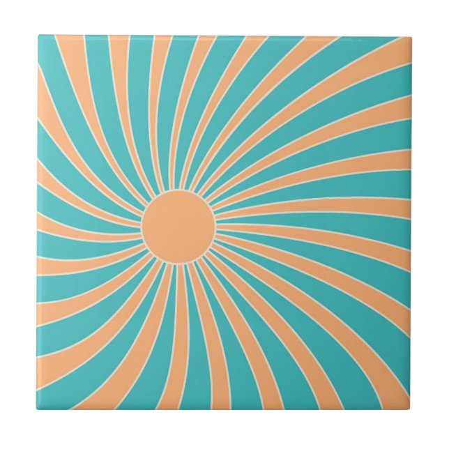 Peach and turquoise retro style sunburst design tile (Front)