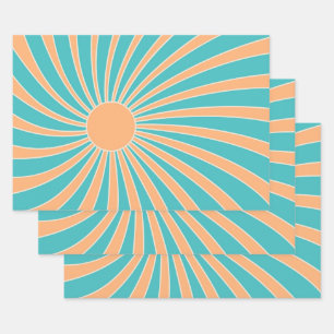 Peach and turquoise retro style sunburst design wrapping paper sheet