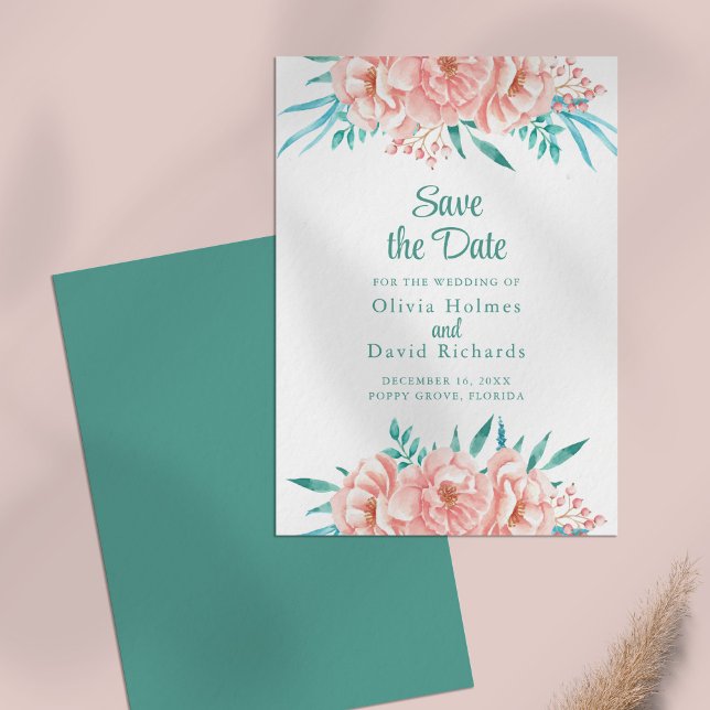 Peach and Turquoise Save the Date Card (Peach and Turquoise Save the Date Card on a pale pink table.)