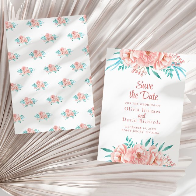 Peach and Turquoise Save the Date Card (Peach and Turquoise Save the Date Card on a sunny white dry palm leaf.)