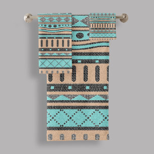 Peach And Turquoise Tribal Pattern Bath Towel Set