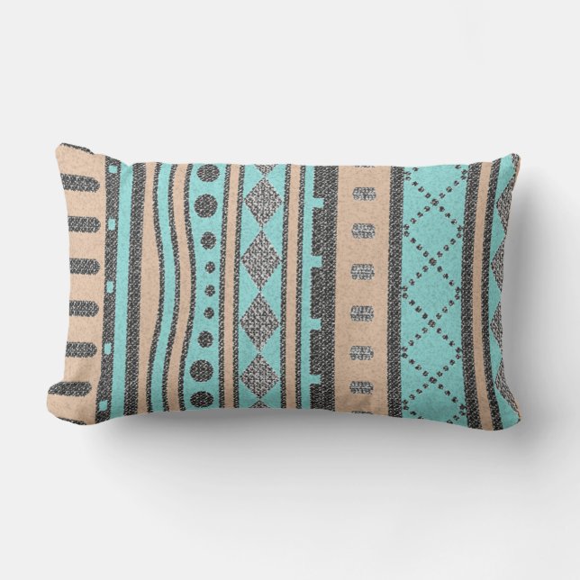 Peach And Turquoise Tribal Pattern Outdoor Pillow (Front)