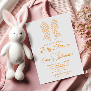 Peach and White Chequered Bow Baby Shower Invitation