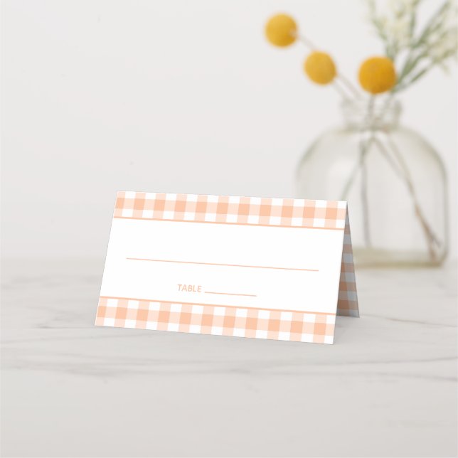 Peach and White Country Gingham Place Card (Front)