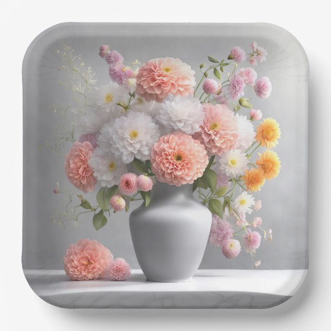 Peach and White Dahlia Bouquet Paper Plate (Front)