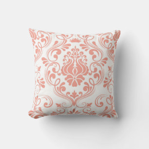 Peach and White Damask Floral Pattern Elegant Throw Pillow