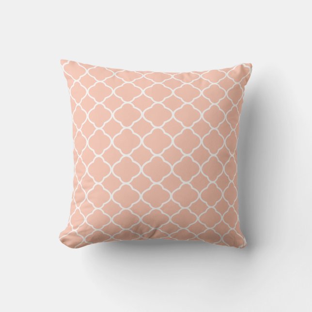 Peach and White Geometric Quatrefoil Pattern Throw Pillow (Front)