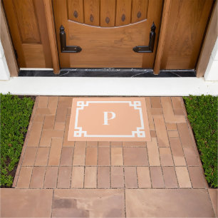 Peach and White Greek Key Border Monogram Doormat