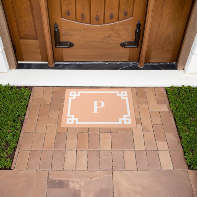 Peach and White Greek Key Border Monogram Doormat (Outdoor)