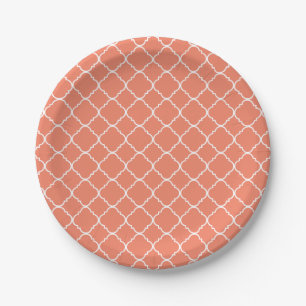 Peach and White Quatrefoil Paper Plate