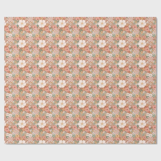 Peach and White Retro Daisies Floral Pattern  Wrapping Paper (Flat)