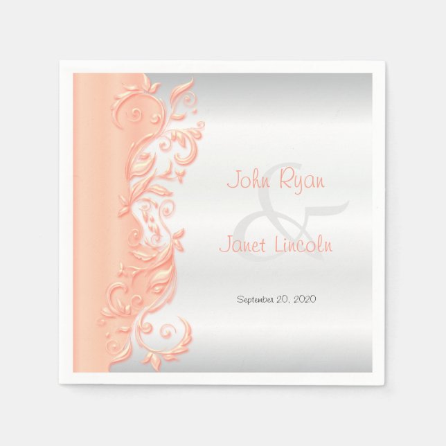 Peach and White Satin Wedding Napkin (Front)