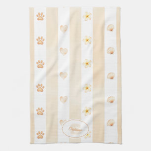 Peach and White Stripe - Hearts, Flower, Paw Print Kitchen Towel