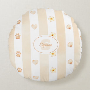 Peach and White Stripe - Hearts, Flower, Paw Print Round Pillow