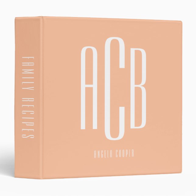 Peach and White Three Letter Monogram Recipe Binder (Front/Spine)
