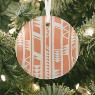 Peach and white tribal print pattern glass ornament