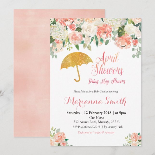 Peach April Shower Amène May Flowers Invitation (Devant / Derrière)