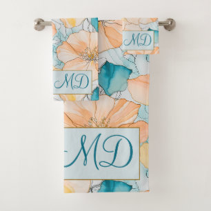 Peach Aqua Botanical Modern Fluid Floral Bath Towel Set