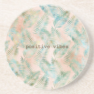 Peach Aqua Green Tropical Leaves Coaster