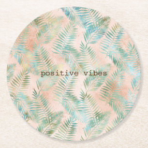 Peach Aqua Green Tropical Leaves Round Paper Coaster