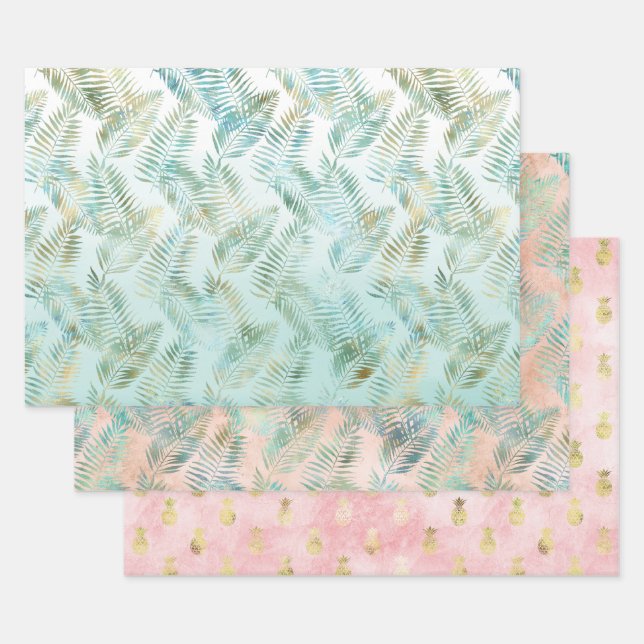 Peach Aqua Green Tropical Leaves Wrapping Paper Sheet (Set)