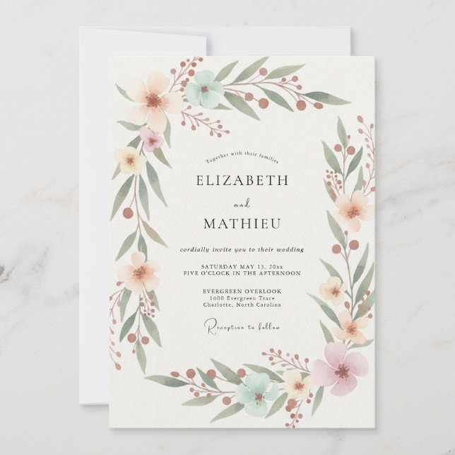 Peach Aqua Leafy Wedding Invitation (Front)