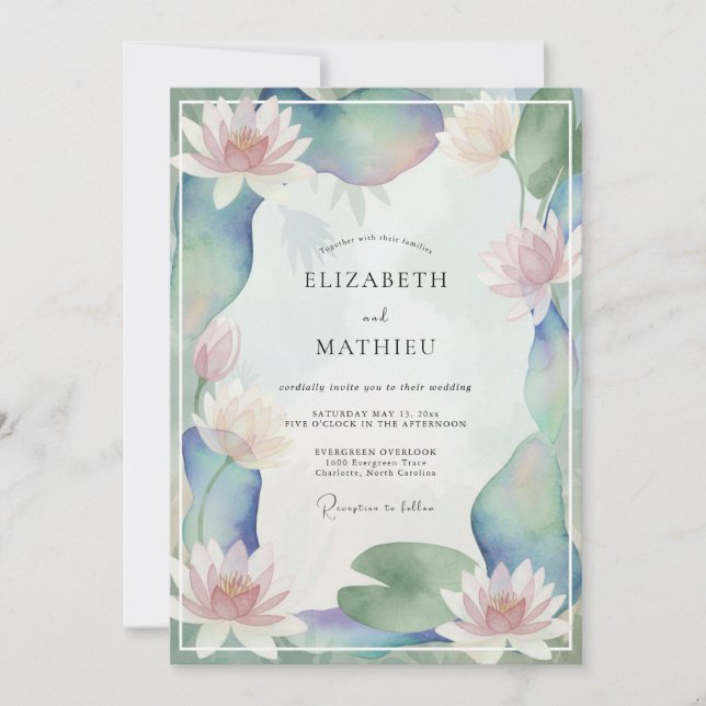 Peach Aqua Lotus Eucalyptus Wedding Invitation (Front)