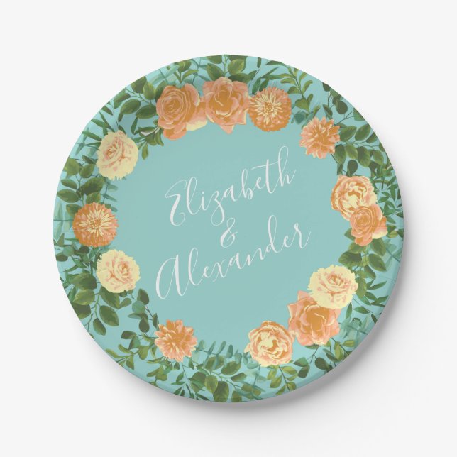 Peach & Aqua Peony & Rose Floral Wedding Paper Plate (Front)