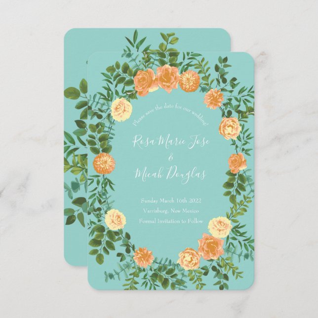 Peach & Aqua Peony Rose Floral Wedding Save Date Invitation (Front/Back)