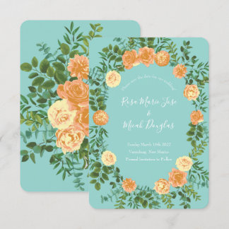 Peach & Aqua Peony Rose Floral Wedding Save Date Invitation