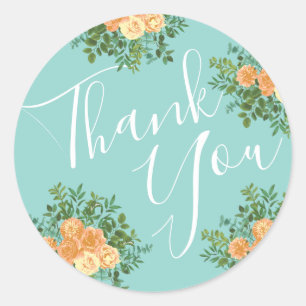 Peach Aqua Teal Wedding Roses Floral Classic Round Sticker