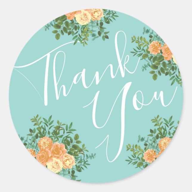 Peach Aqua Teal Wedding Roses Floral Classic Round Sticker (Front)