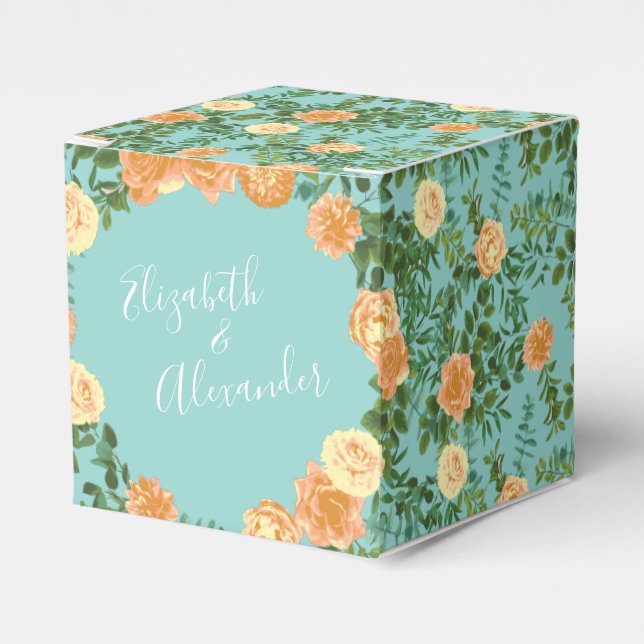 Peach Aqua Teal Wedding Roses Floral Favor Box (Front Side)