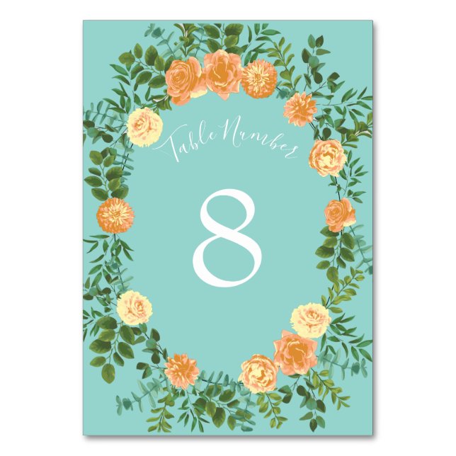 Peach Aqua Teal Wedding Roses Floral Table Number (Back)